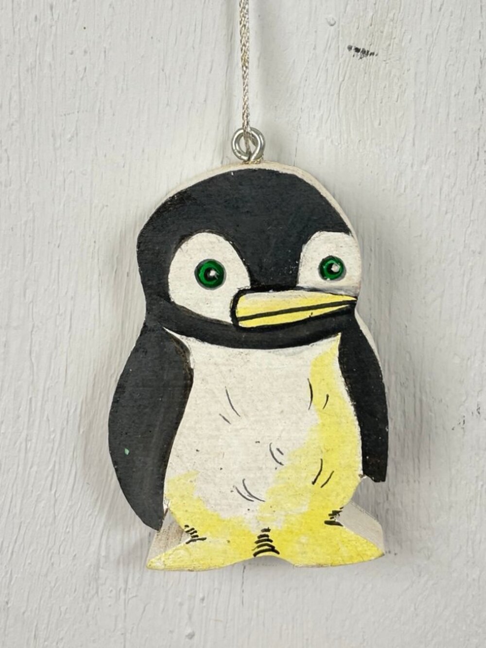 Vintage Christmas Ornament Penguin Black & White Hand - painted Wood Bird 1980s